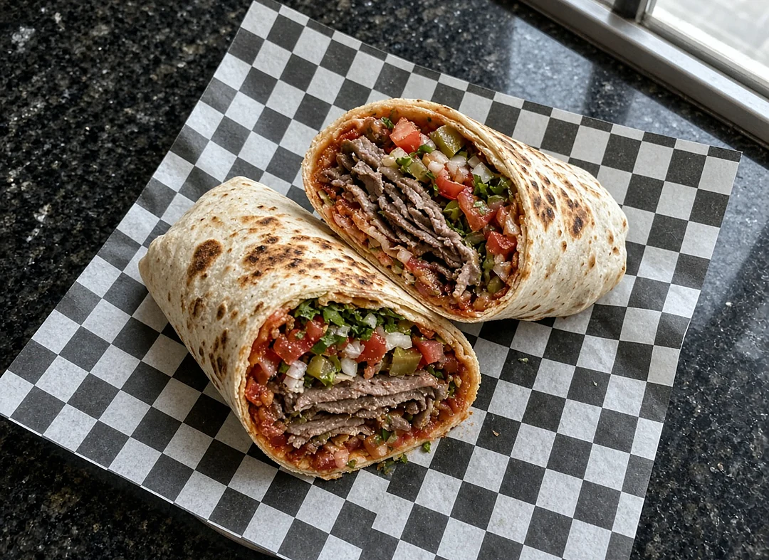 Istanbull Style Beef Gyro Wrap cut in half with beef, tomato, onion, pickles and parsley in tomato sauce